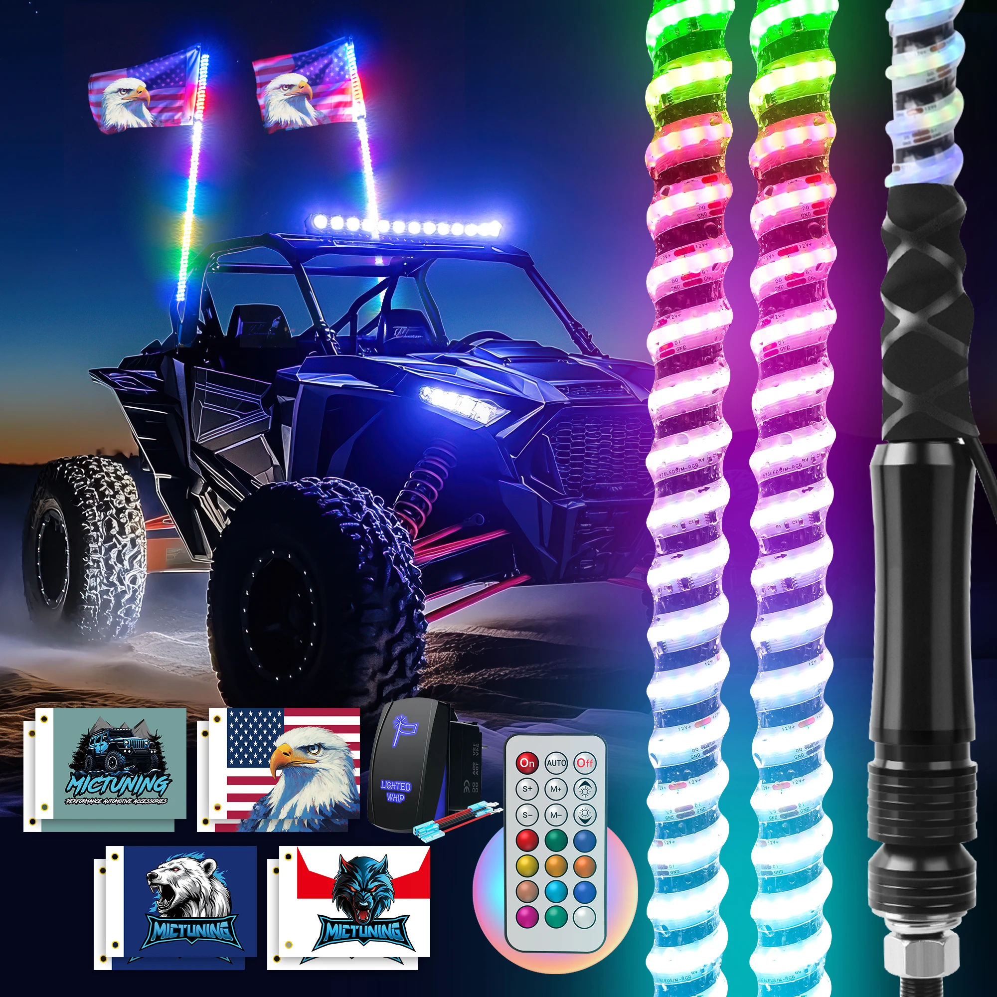 MICTUNING 2PCS 4FT RGB+IC LED Whip Lights COB Lamp Beads Dynamic Lighting Bendable Dynamic Colour Change with Remote Control Kit