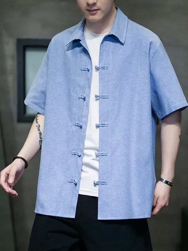 

Summer Ox Cloth Men's irt ort Sve Loose Casual Vintage Button up Breathable Thin Youth ular Chinese Sle Top