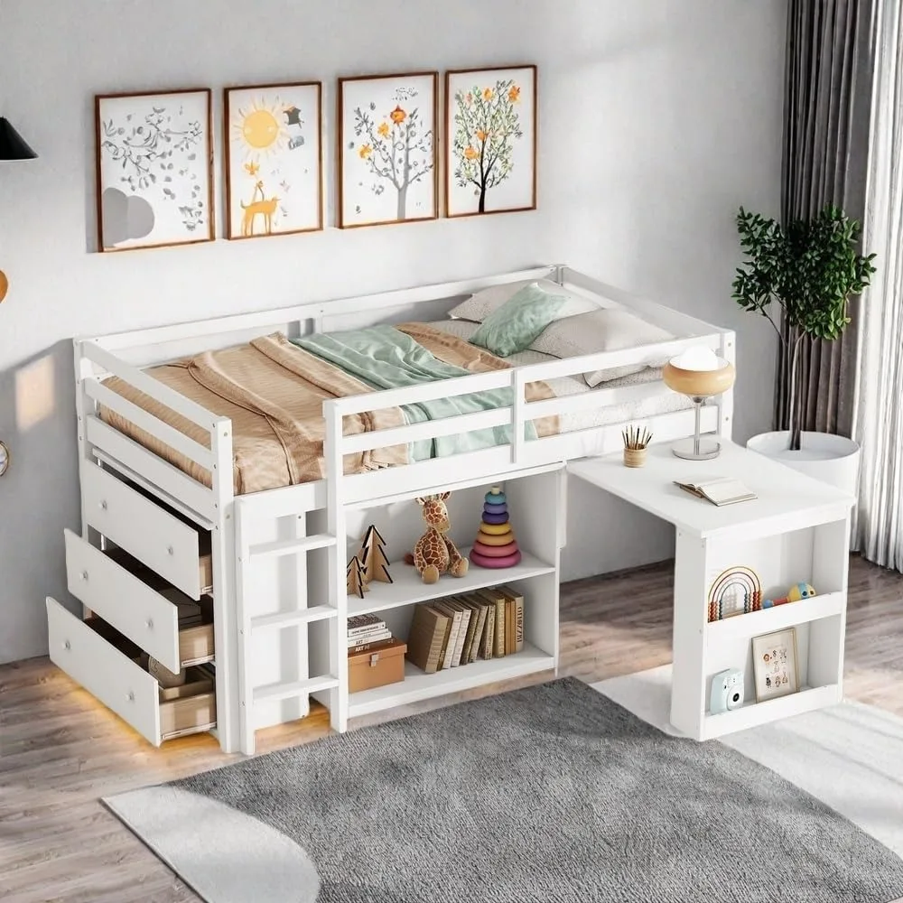 

Twin Size Low Loft Bed with Desk and Storage, Twin Size Loft Bed with Portable Desk, Storage Drawers & Shelves for Kids