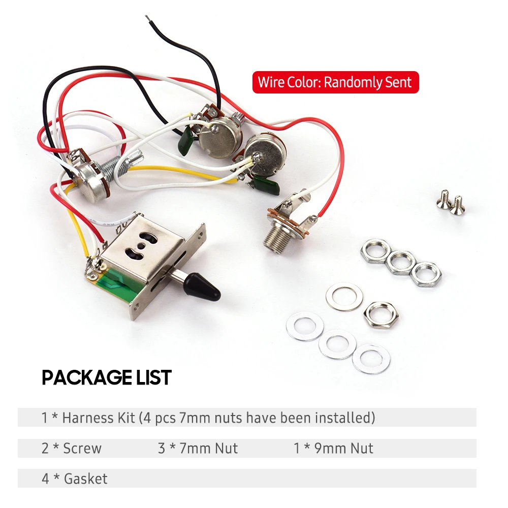 Electric Guitar Wiring Harness Kit Replacement with 1 Volume 2 Tone 1 Jack 500K 5-Way Toggle Switch for Stratocaster Guitar