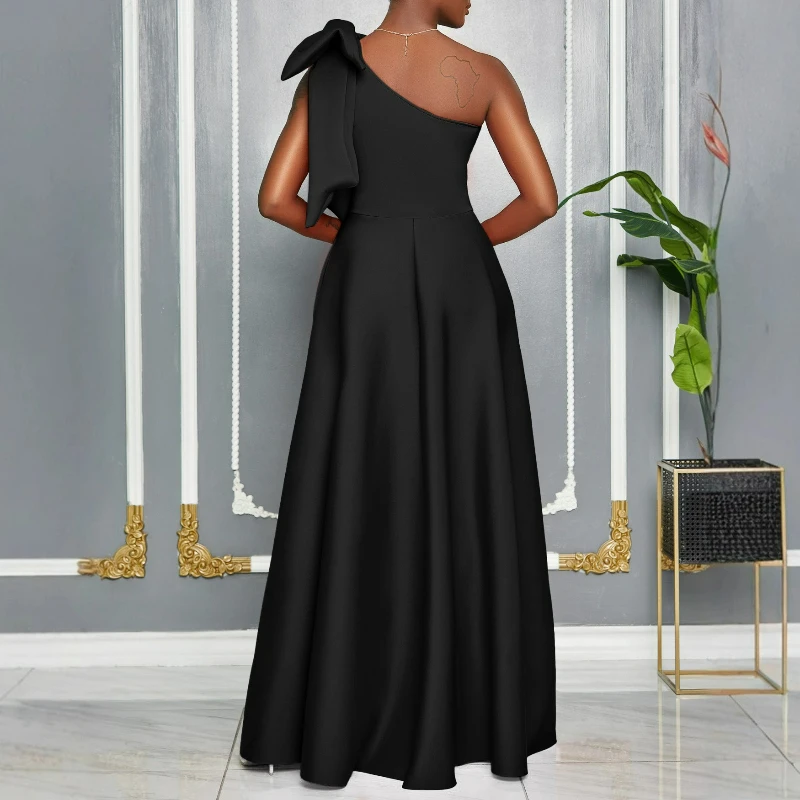 Elegant Refined Solid-color A-line Dress for Women 2026 Summer Featuring Fashionable Off-the-shoulder Large Bow Sexy Long Dress