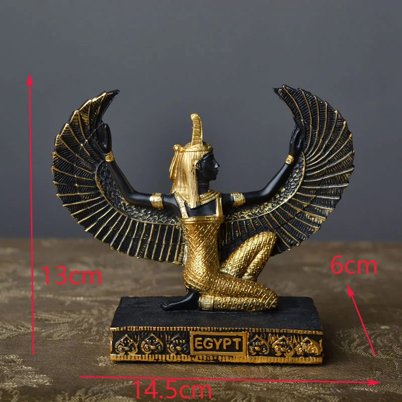 Egyptian goddess resin sculpture, Isis figurine, depicted kneeling on the ground with outstretched wings, in an ethnic style