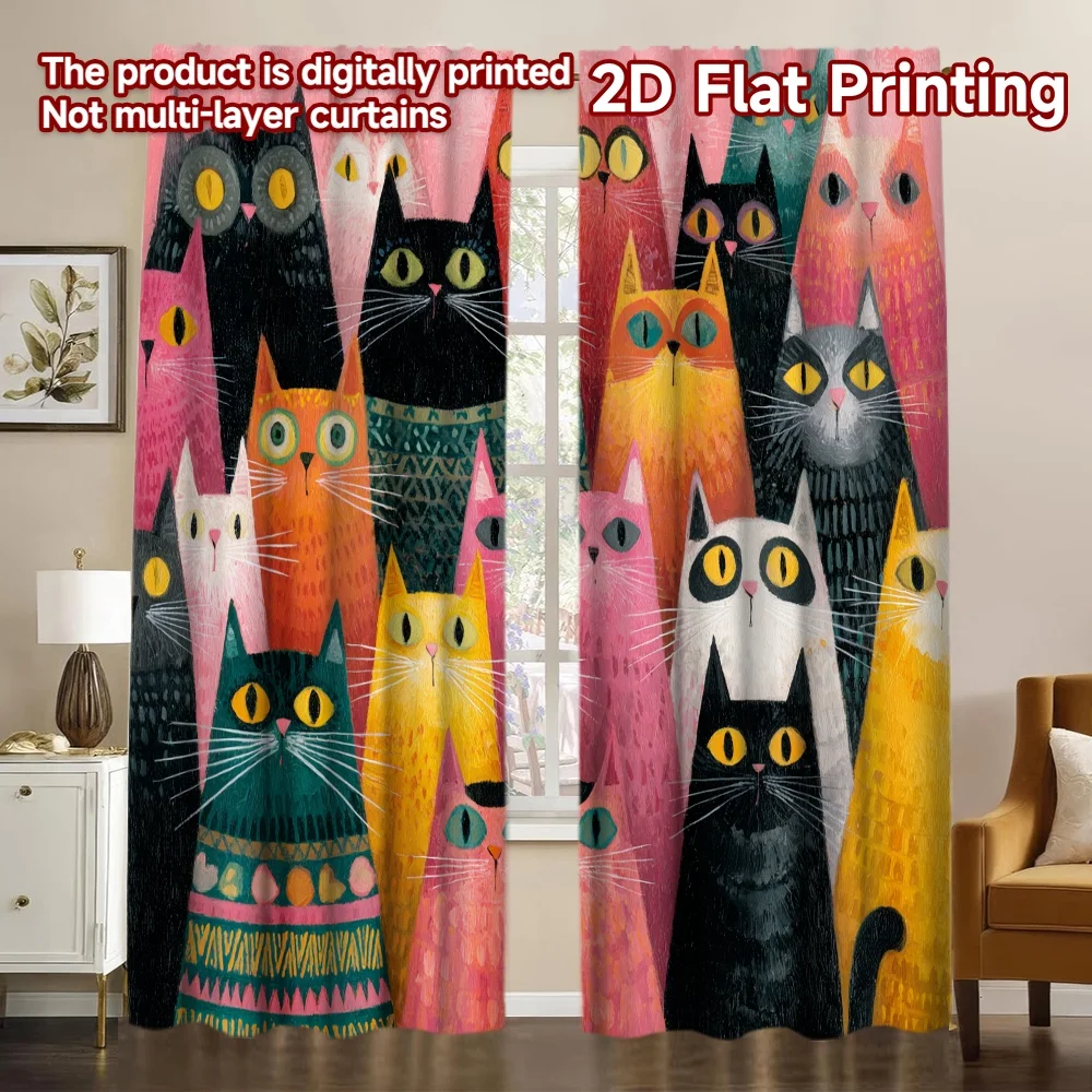 2D Flat Printing,2pcs Colorful Cat Gathering Chic Curtain Fabric Versatile 100% Polyester Curtains Home Decor Perfect for Living