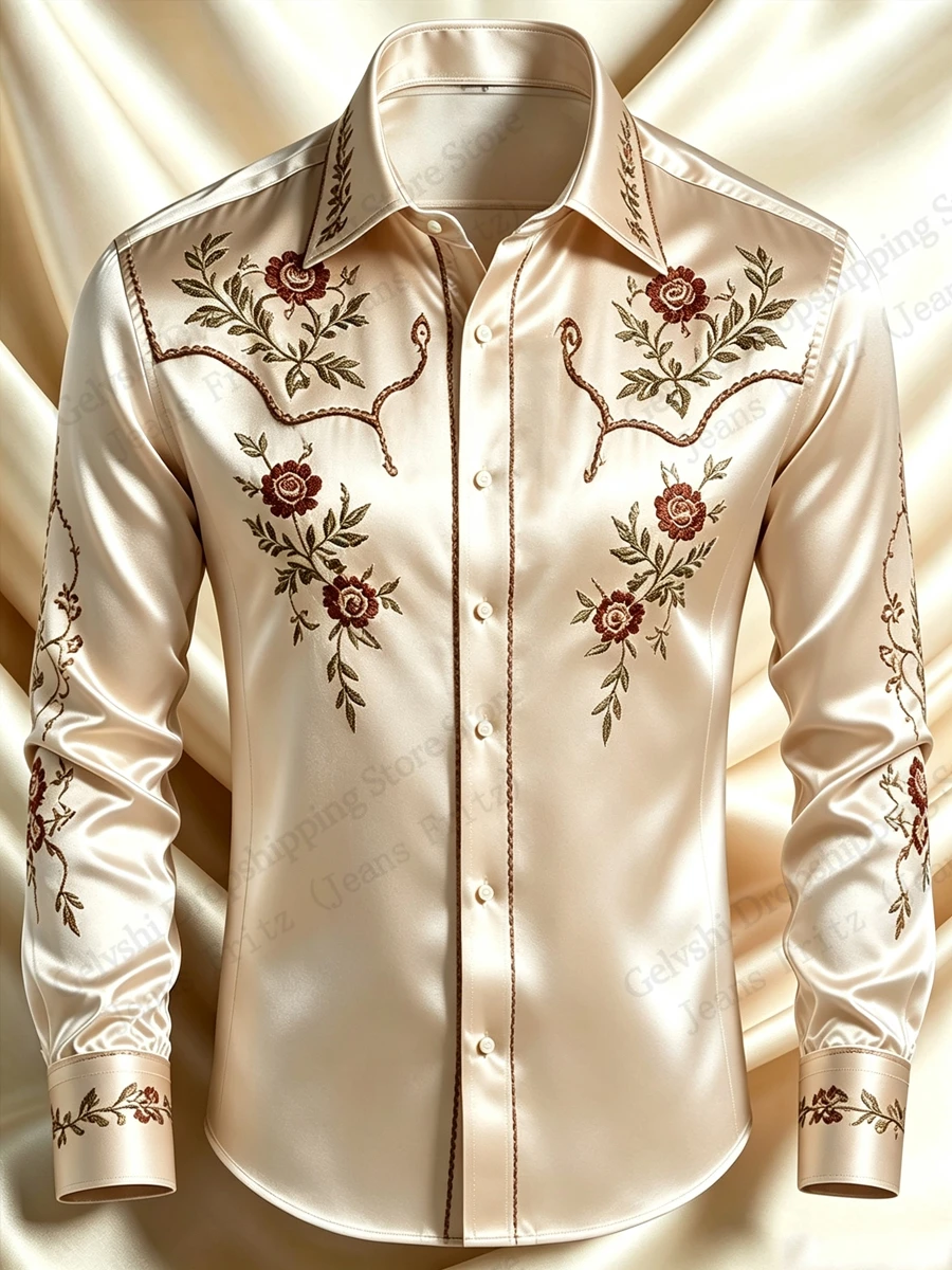 Mens Western Cowboy Floral Long Sleeve Shirt Golden 3d Print Shirt Men Fashion Comfort Single-breasted Blouse Men Clothing Slim