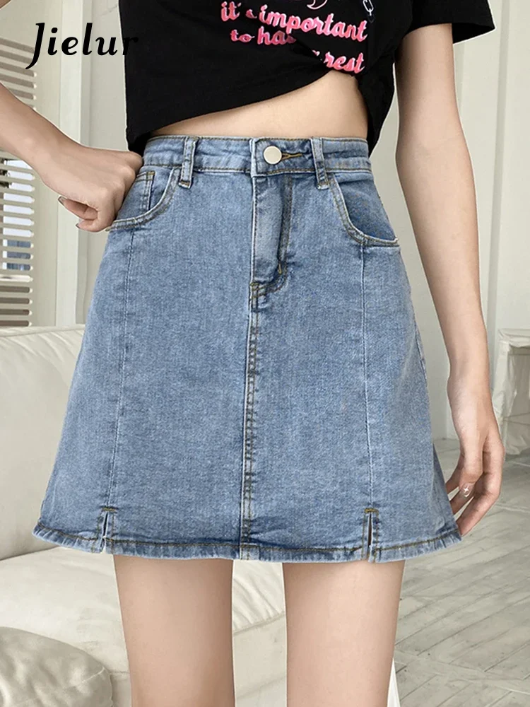 

Jielur Spring Summer Chic Mini Blue Jeans Skirts for Women High Waist Split Pocket Loose Casual Female A-Line Denim Skirts