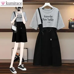 Extra Large Short Sleeved T-shirt Skirt Patchwork with Contrasting Colors, Loose Waist, Casual and Slimming Dress Kawaii Clothes