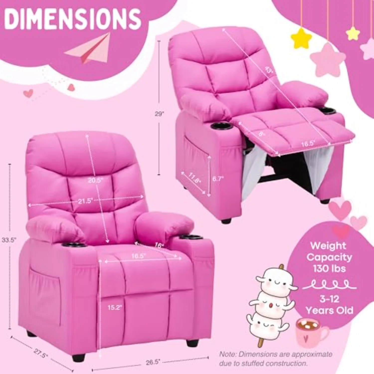 Kids Recliner Chair PU Leather Toddler Big Reclining Sofa Lounge Ages 3-12 | 4 Storage Pockets, 2 Cup Holders