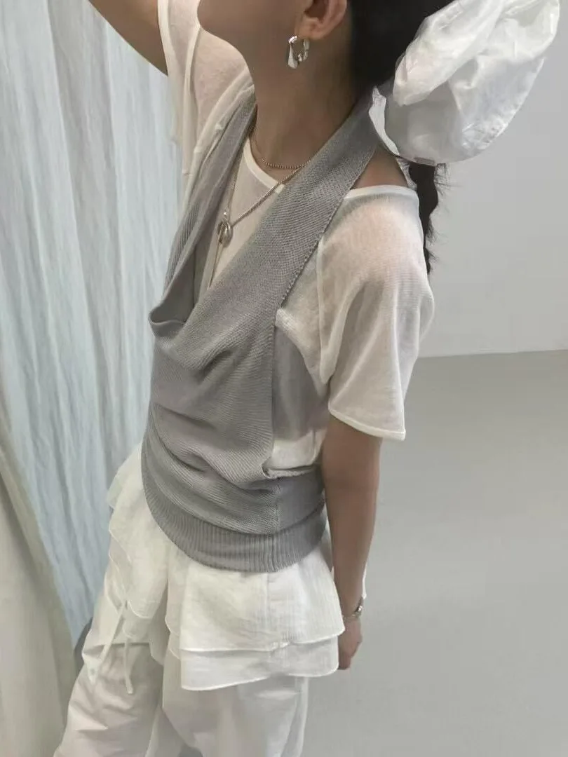 Faionable Knitted Off-oulder Dr And Vest Set Chic Fake Two-Piece Ensemble for Young Women Summer 2025 Collection