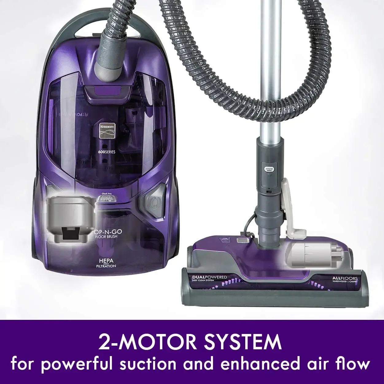 home.600 Series Friendly Lightweight Bagged Canister Vacuum with Pet PowerMate, Pop-N-Go Brush, 2 Motors, HEPA Filter