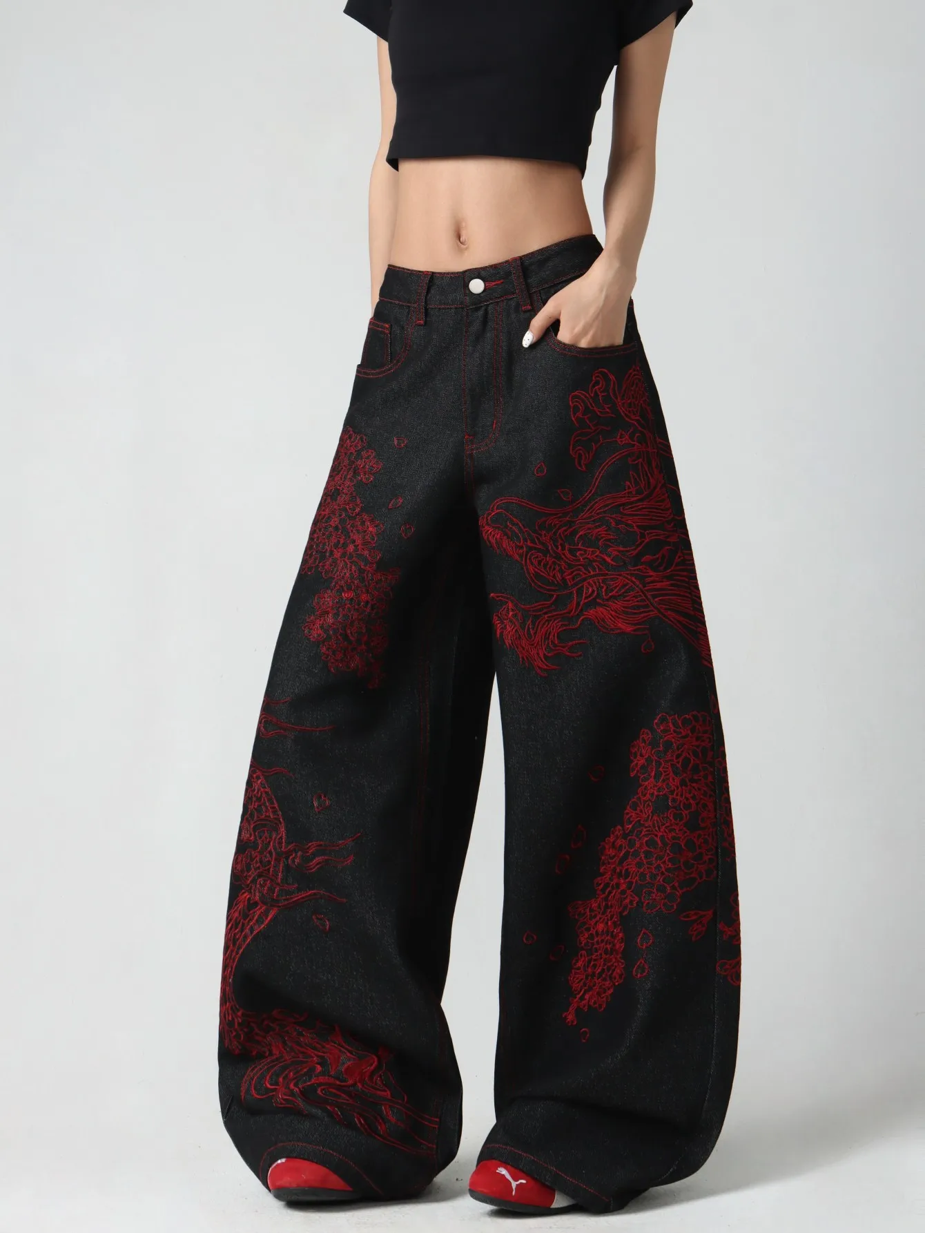 1 Pc American Vintage Red Dragon Embroidered Jeans, Women's Black Flowy Straight-Leg Wide Pants