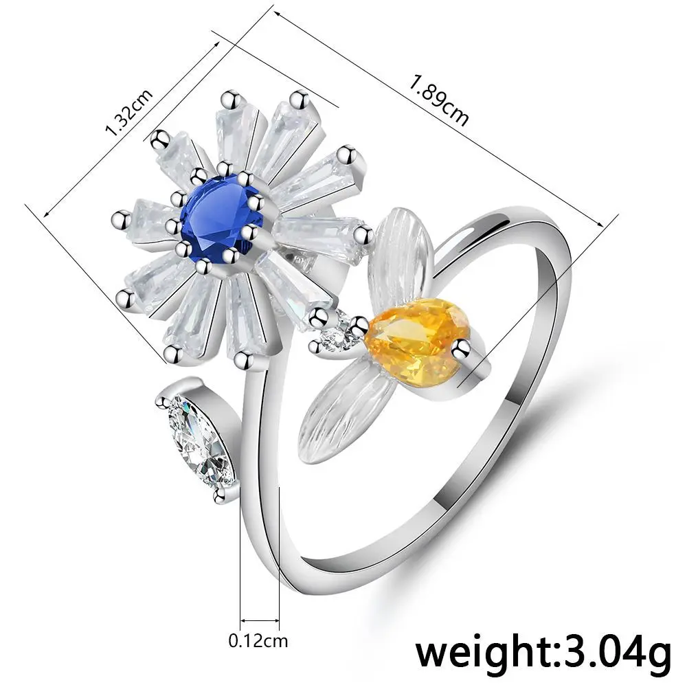 Rotating Female Crystal Flower Bee Ring Compression Anxiety Decompression Inlaid Diamond Women Open Finger Exquisite Jewelry