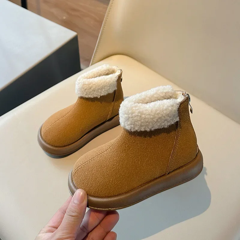 Botas de invierno para niña al aire libre, botas de nieve simples de tendencia para niños, botas de algodón informales de felpa con parte inferior gruesa, cálidas y suaves con cremallera