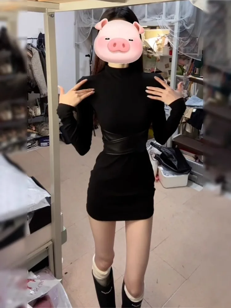 

French Black High Collar Women's Base Layer Dress Slimming Waist Shaping Short Bodycon Skirt Vintage Style for Autumn Winter