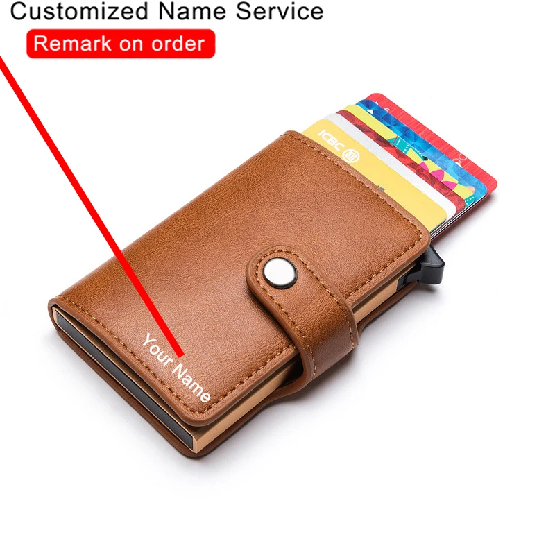 

Bycobecy Customized Name Credit Card Holder RFID Metal Box Card Case Business Men Woman Leather Wallet Smart Wallets Card Holder