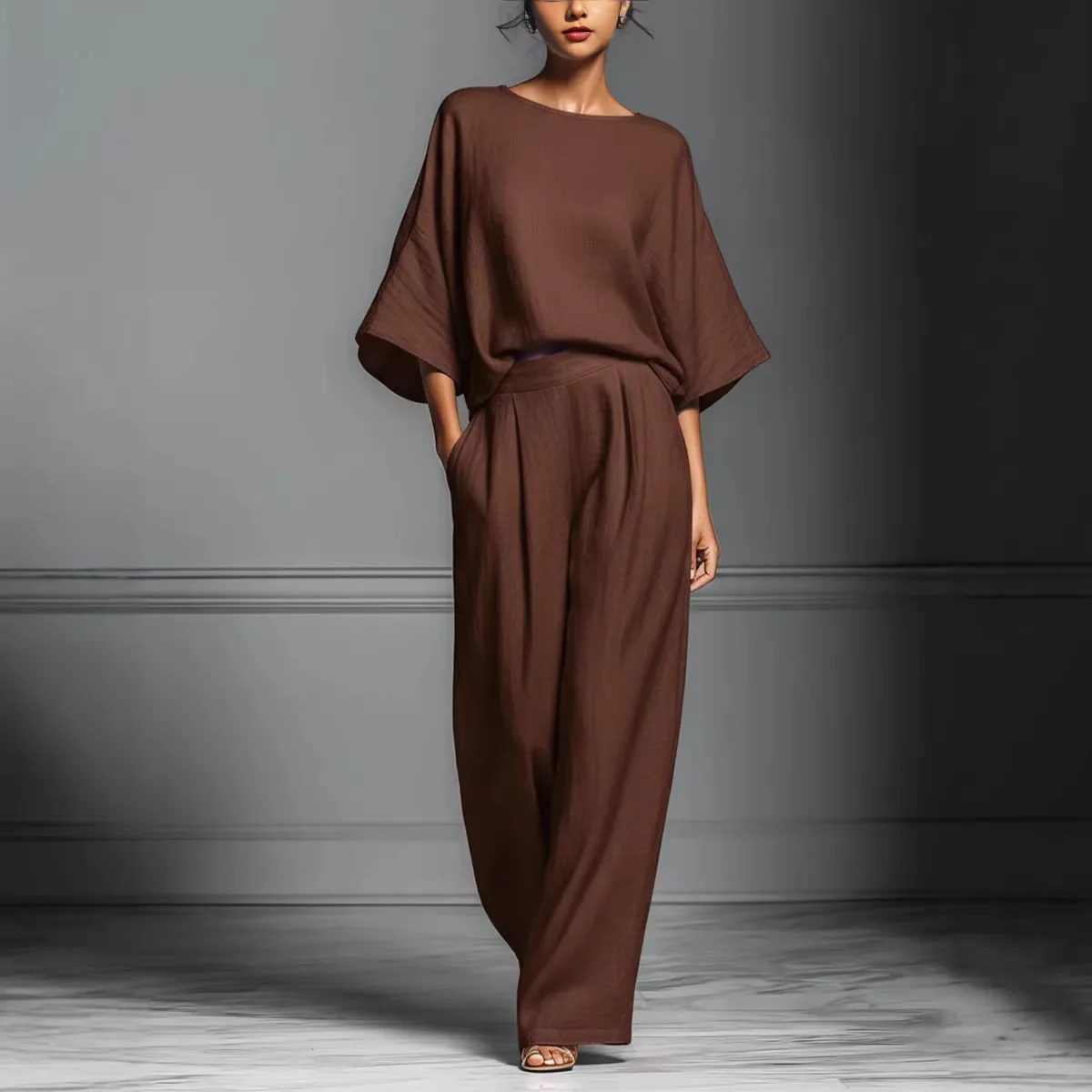 Modisches Leinen 7/8-Ärmel Damen-Hosenanzug 2-teilig Frühling Sommer Neu Elegante Weite Damenhose Büro-Sets