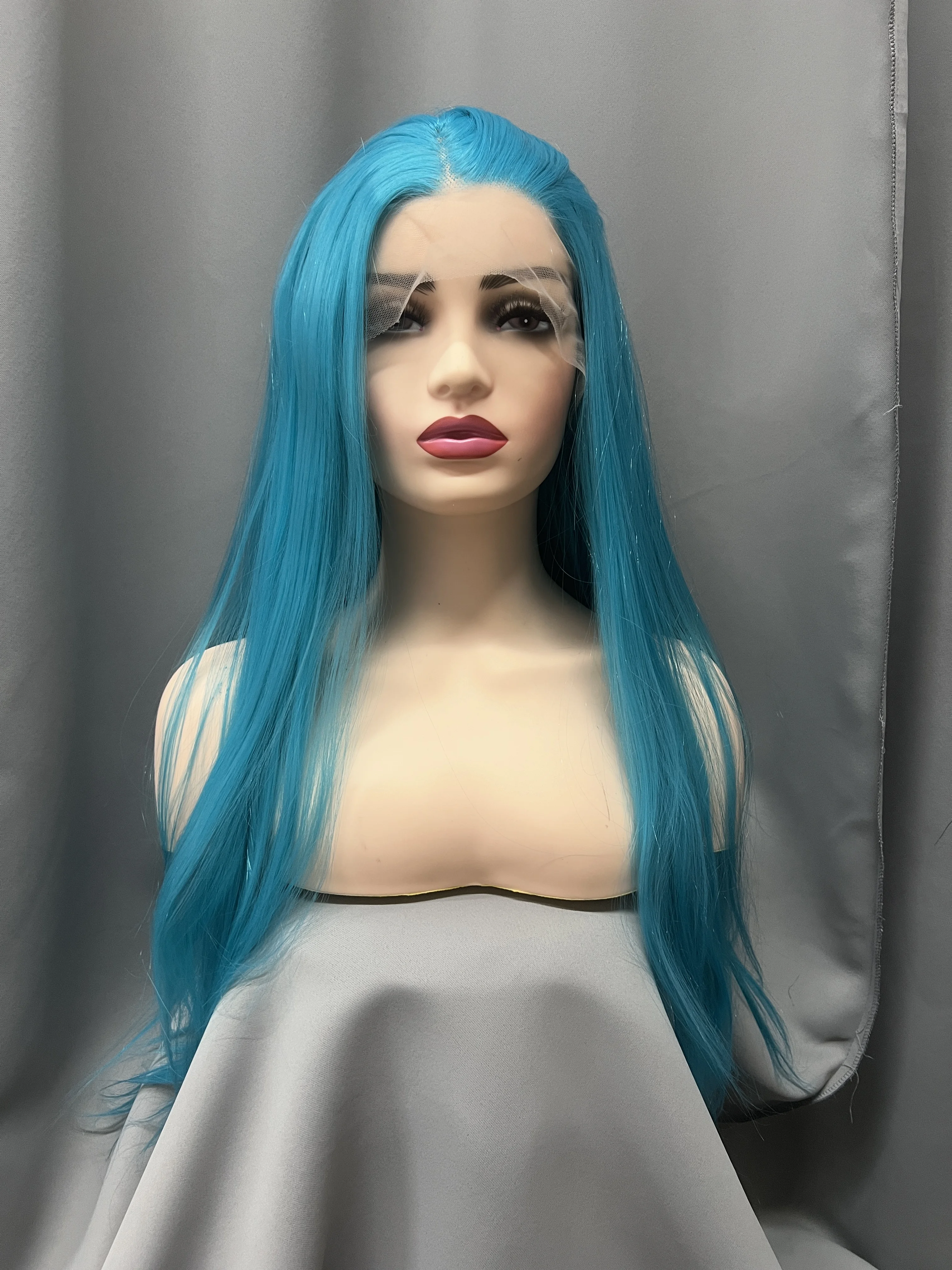 

Blue Front Lace Synthetic Long Straight Wig Soft Natural Hallline Glue-free Heat-resistant Cosplay Party Travel Women's Wig