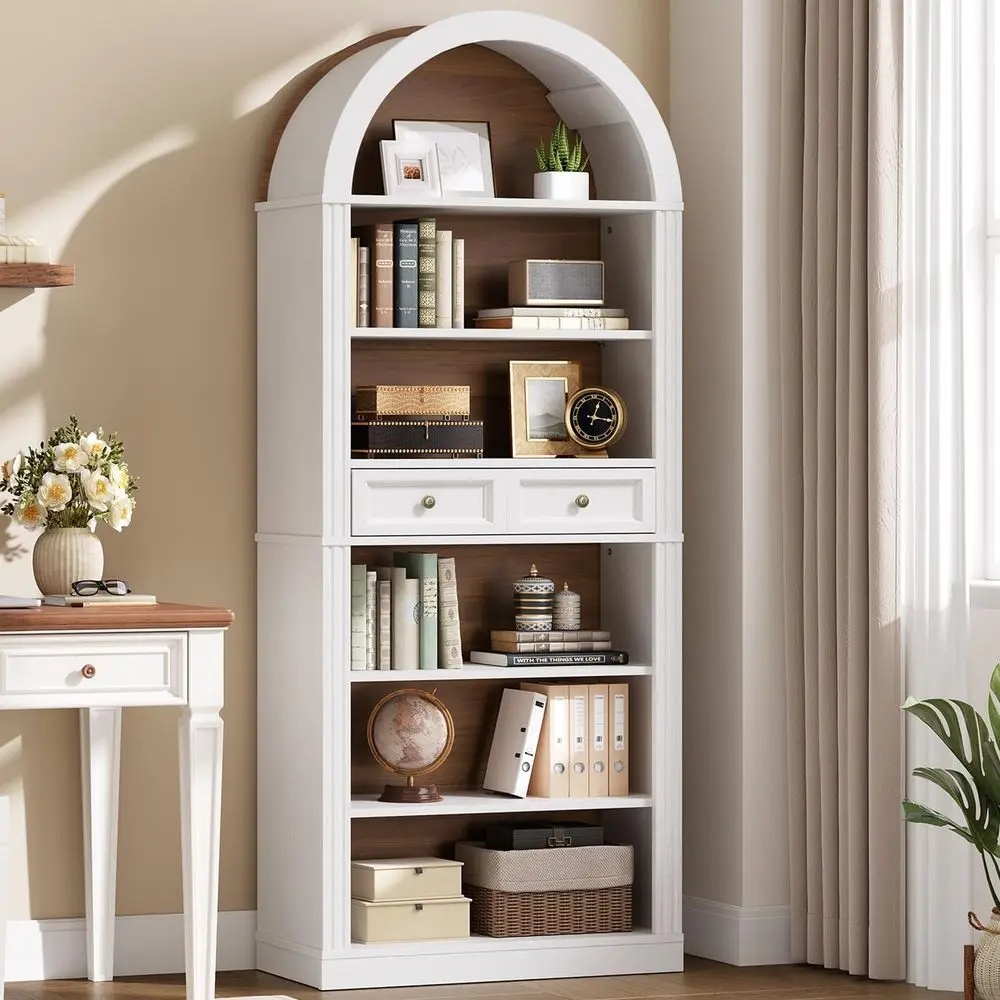 

Arched Bookshelf, 73 Tall Arch Bookcase with Drawer, 6Tier Farmhouse Book Shelf, Wooden Bookshelf with Open Display Shelves for