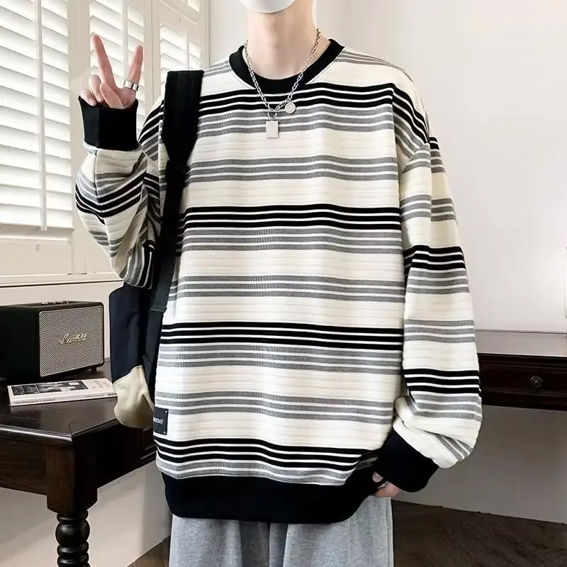 

New Heavyweight Round Neck Sweater Men's Four Seasons Retro Lazy Wind Striped Long-sleeved Tops Large Size Loose Casual Homewear