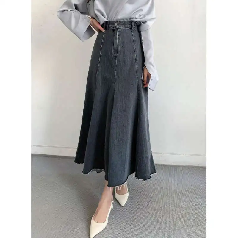 2024 Autumn New Women's High-waisted Fishtail Skirt Half-length Skirt Pieced Lotus Leaf Denim Skirt