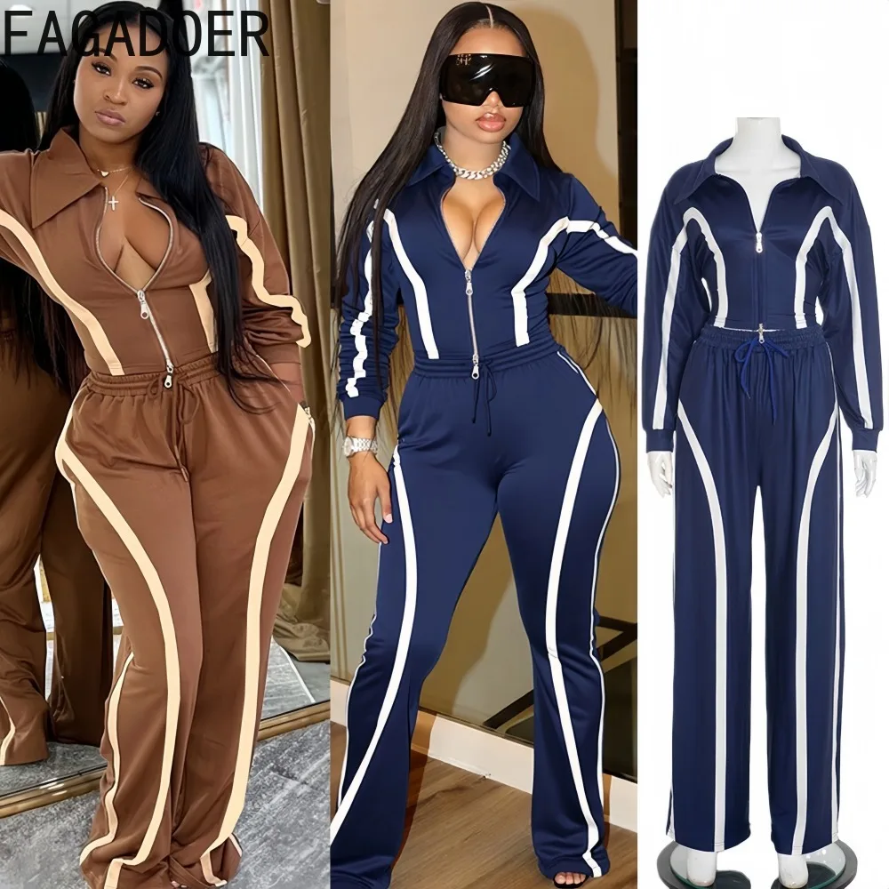 FAGADOER Set 2 Potong Kasual untuk Wanita Pakaian Atasan Crop Lengan Panjang Motif Garis Patchwork + Celana Serasi Pakaian Streetwear Wanita