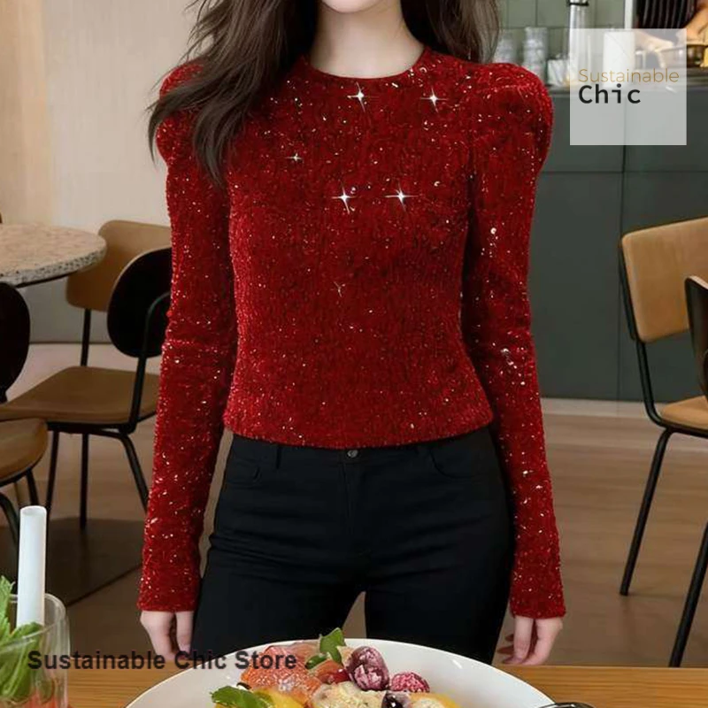 

Французская роскошная блузка из бархата с пайетками, женская, весна-осень, новая модная коллекция, рождественская атмосфера, повседневный стиль, универсальный красный топ.