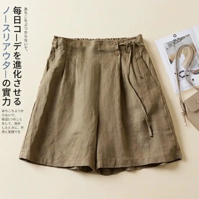 Pantalones cortos de pierna ancha para mujer verano color sólido lino