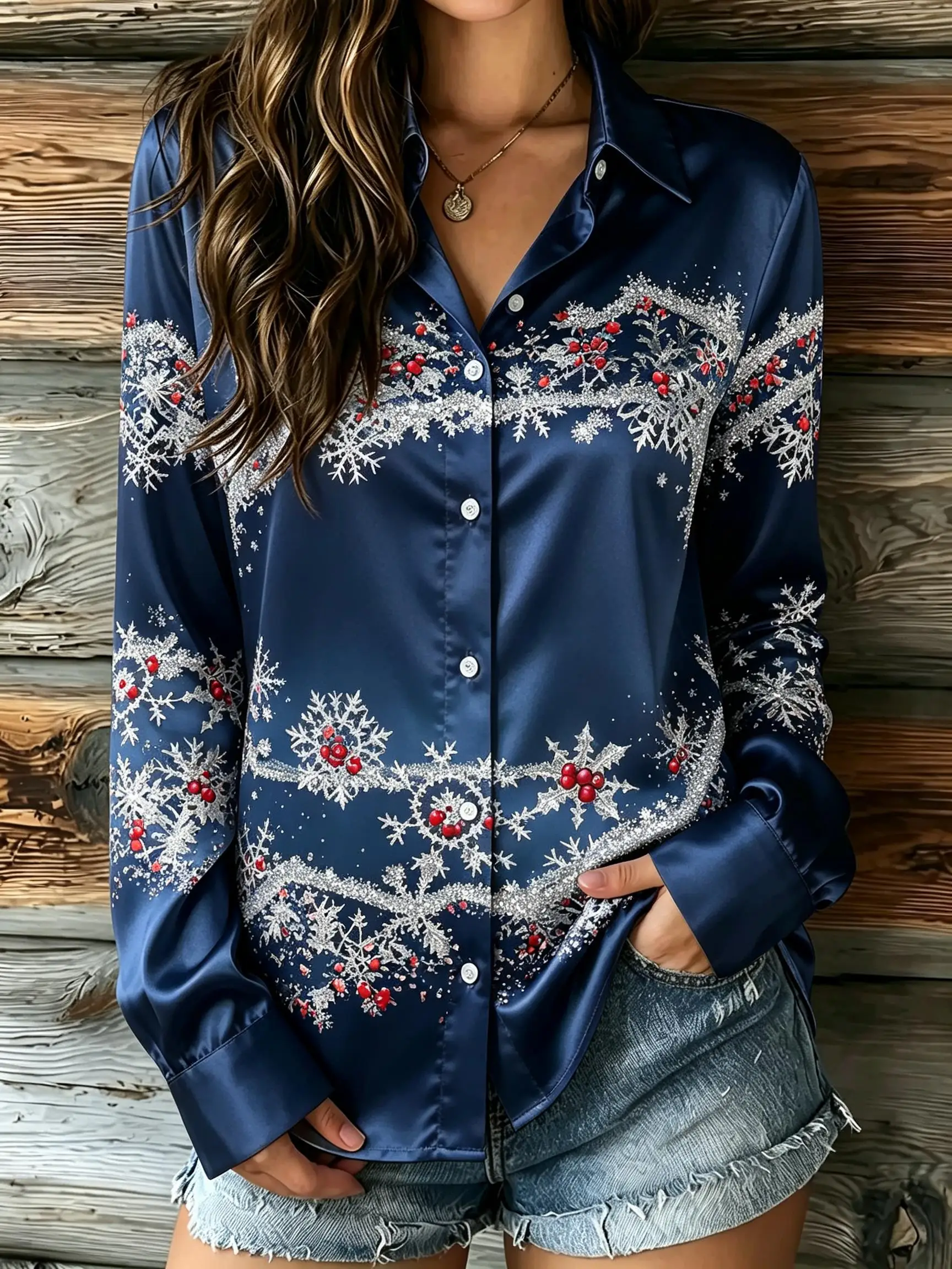 Women Collared Long Sleeve Shirt Christmas Snowflake Ornament Print Winter Party Holiday Blouse