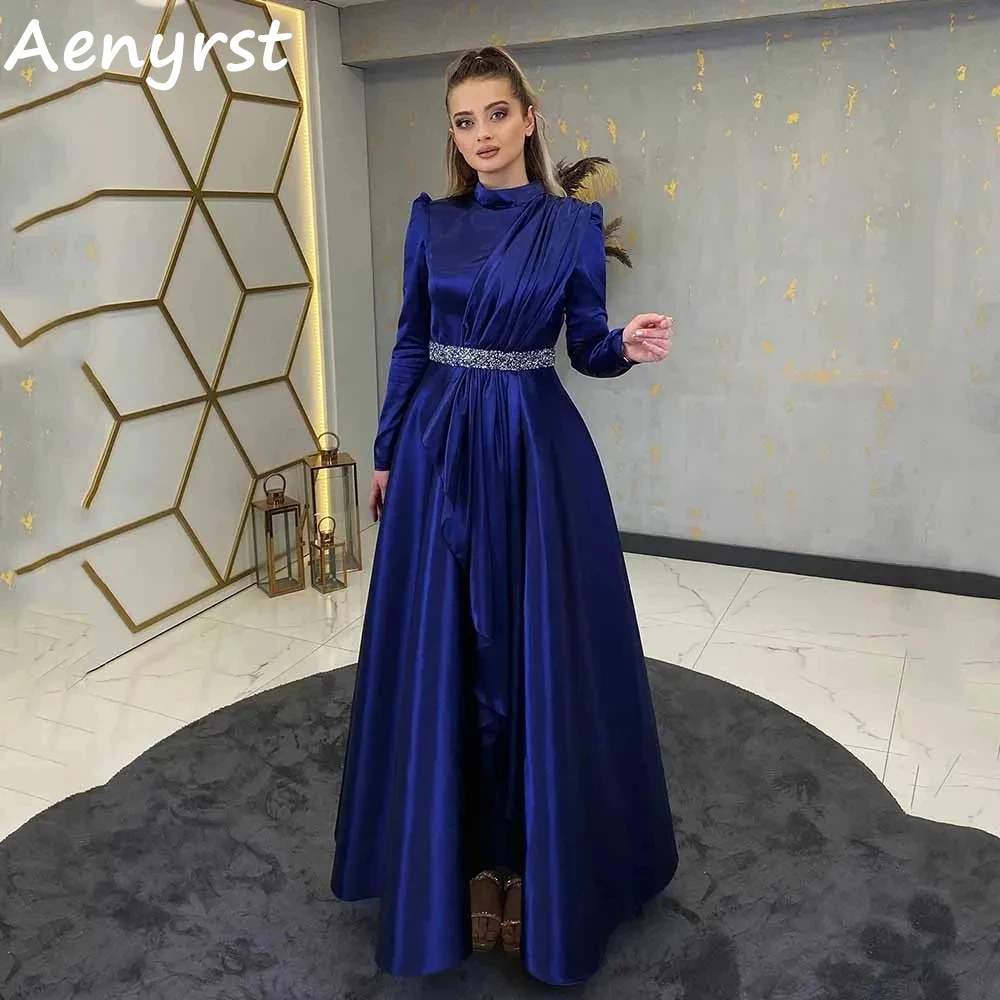

Aenyrst High Collar Long Sleeves Satin Evening Dresses A Line Crystal Prom Dresses Floor Length Formal Occasion Dress For Women