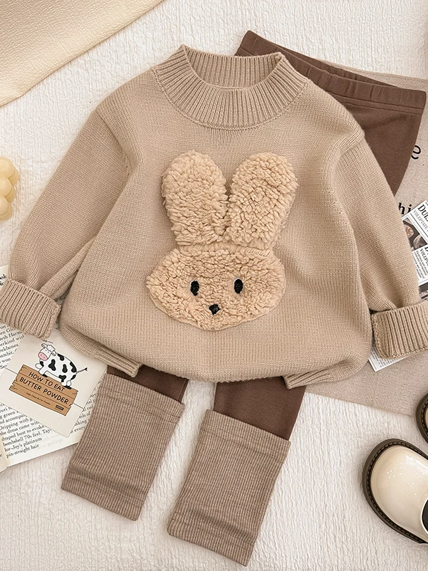 

Осенний модный вязаный длинный свитер с героями мультфильмов для девочек, комплект брюк из двух предметов, повседневная спортивная одежда для молодых девушек