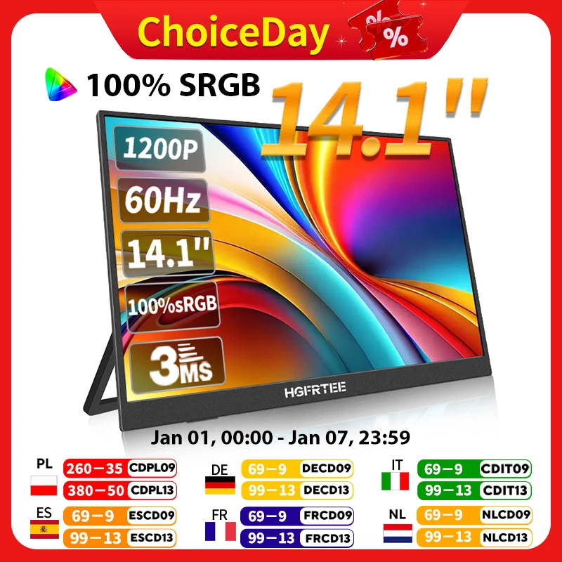 HGFRTEE 14.1inch Mobile Portable Monitor IPS Second Game Screen Extended Display for Laptop with Bracket For xbox/raspberry Pi