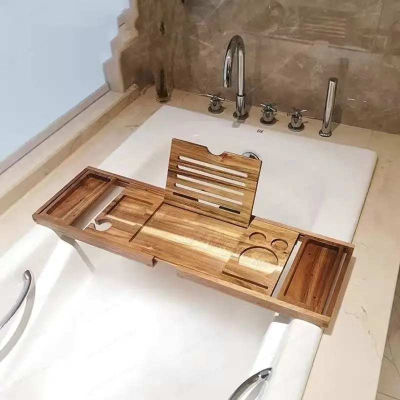 

Solid Acacia Wood Extendable Bathtub Tray, Non-Slip Soap Dish Caddy for Hotel Bathroom Luxury Tub Organization