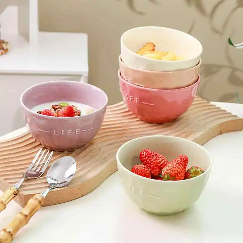 Solid Color Ceramic Dessert Bowl Letter Embossed Rice Bowl Simple Breakfast Milk Oatmeal Bowl Kitchen Tableware
