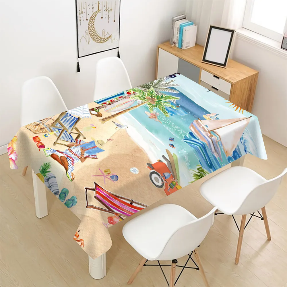 Beach Vacation Tablecloth, Sand Base With Seaside Holiday Graphics, Rectangular Table Cover for Dining Table & Summer Home Decor