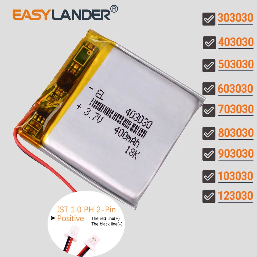JST1.0 2Pin 703030 803030 903030 103030 503030 3.7V 500mAh 303030 403030 603030 Lithium Li-ion Polymer Battery Lipo Batteries