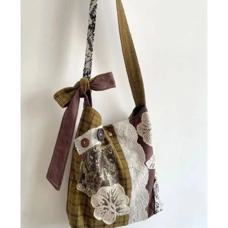 

Bloom Vintage Lace Large Capacity Handbag Women Retro Patchwork Canvas Casual Shoulder Ladies Versatile Y2k Bags Сумка