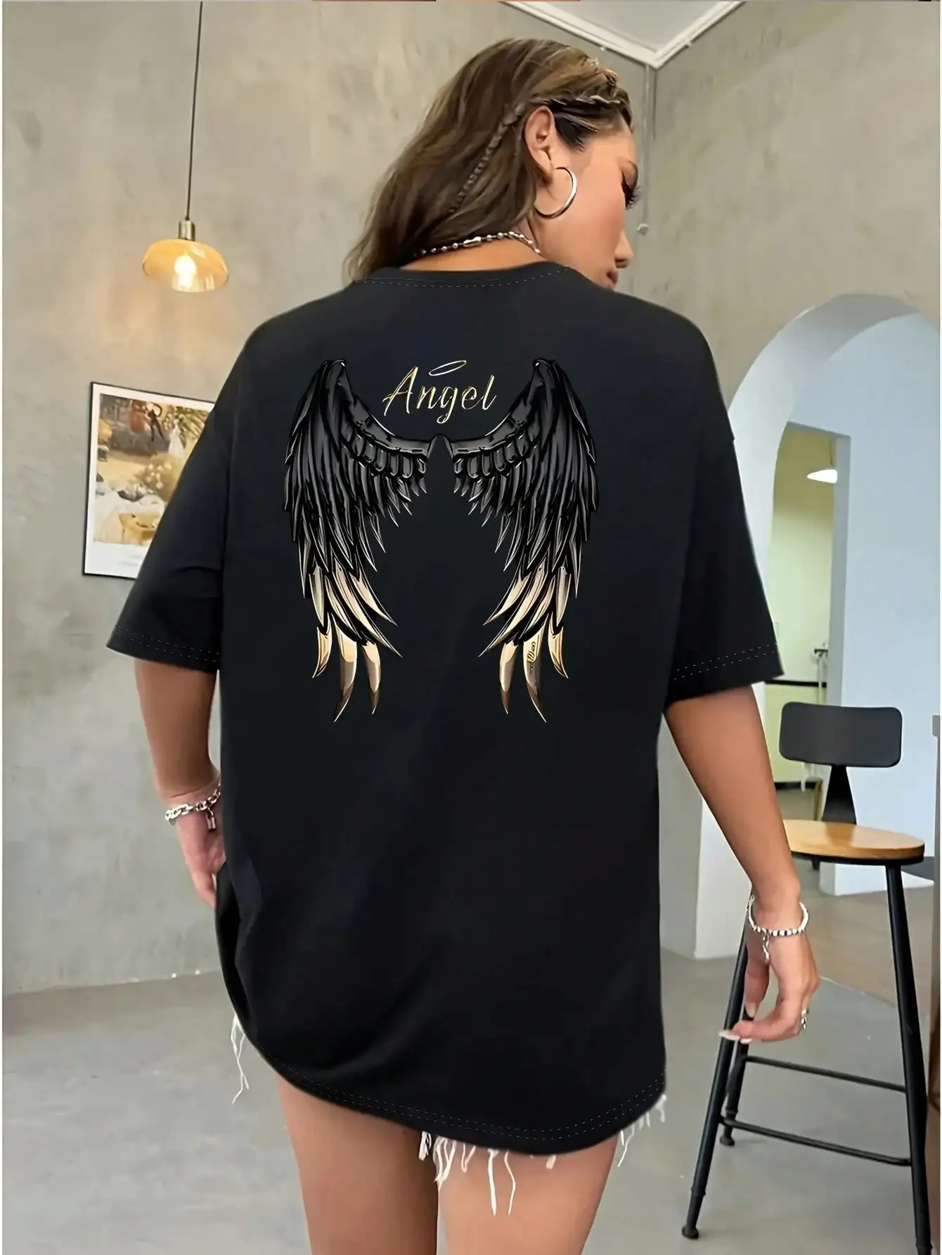 

Women's Soft & Versatile Angel Wings Print T-Shirt - Elegant Casual Round Neck Tee with Black Graphic on Red