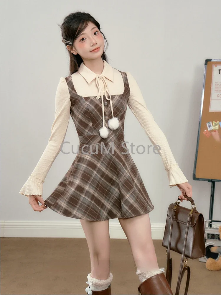 Woman Aesthetics Vintage 2 Piece Set Kawaii Short Crop Coat + Sweet Fake Two Dress Slim Y2k E-girls Mini Dress Preppy Style Set