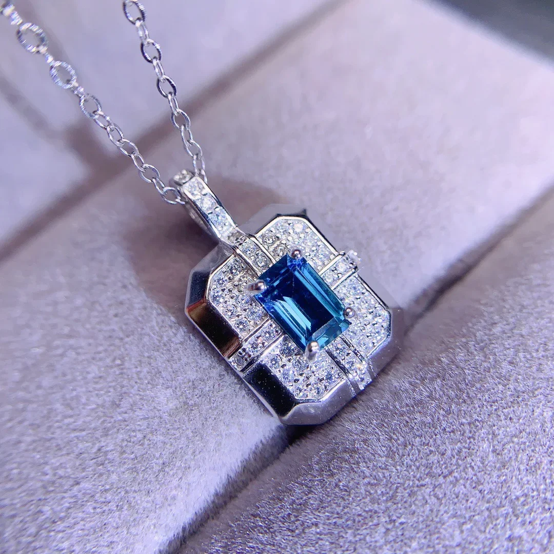 Natural London Blue Topaz Pendant Square Gemstone 925 Sterling Silver for Women Jewelry Gift