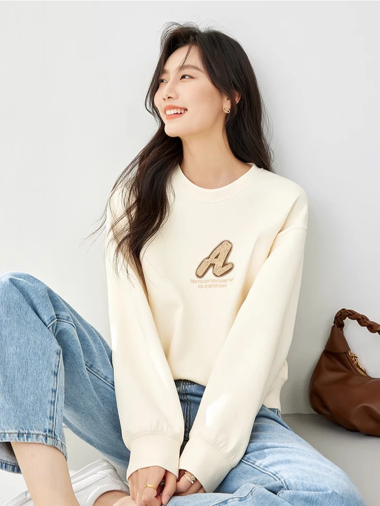 Vimly Letter Embroidery Short Women\'s Sweatshirt  2024 Apricot O-neck Spring Pullovers Long Sleeve Top Female Clothing M5710