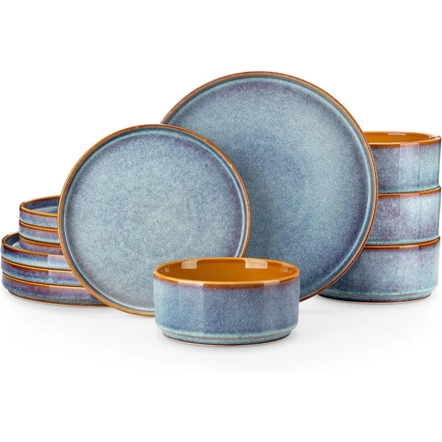 

Наборы керамических тарелок и мисок, наборы синей посуды из 12 предметов для кухни, набор посуды с реактивной глазурью на 4 шт., посудомоечная машина и микро