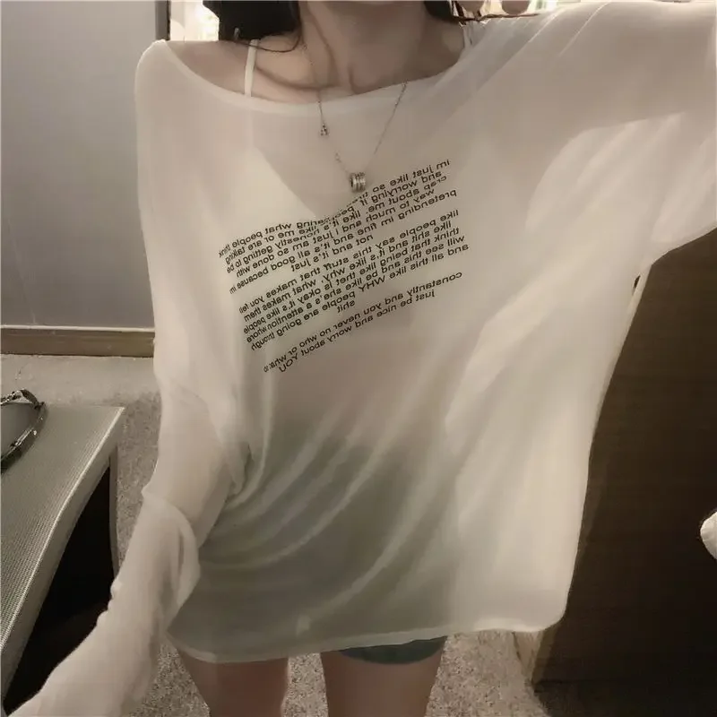 

Summer Fashion Letter Perspective Sexy Long Sleeve T-Shirt Women's New Loose Comfortable O-neck Thin Knitted Tops