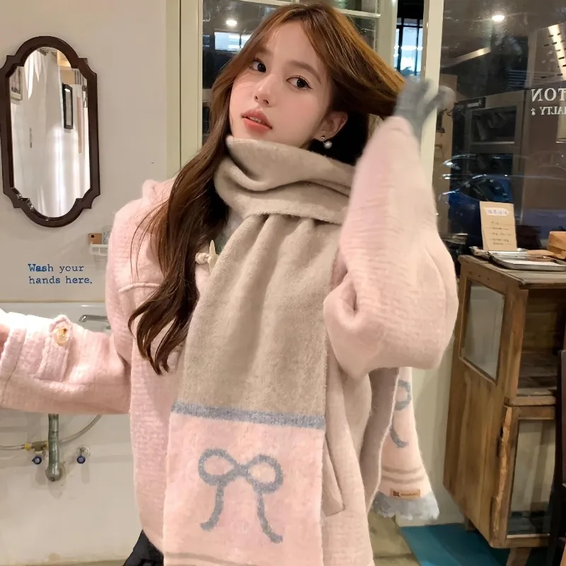 وشاح محبوك بفيونكة ملونة للنساء في شتاء 2025 وشاح ناعم دافئ جديد