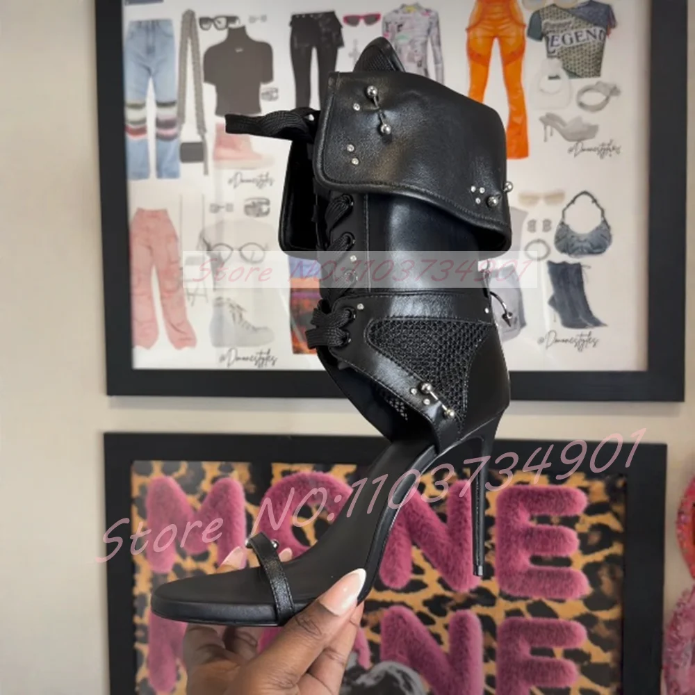 

Piercing Stud Stiletto Sport Dress Sandals Women Gladiator Fold-Over Rivets High Heels Boots Lady Retro Fashion Splicing Sandals