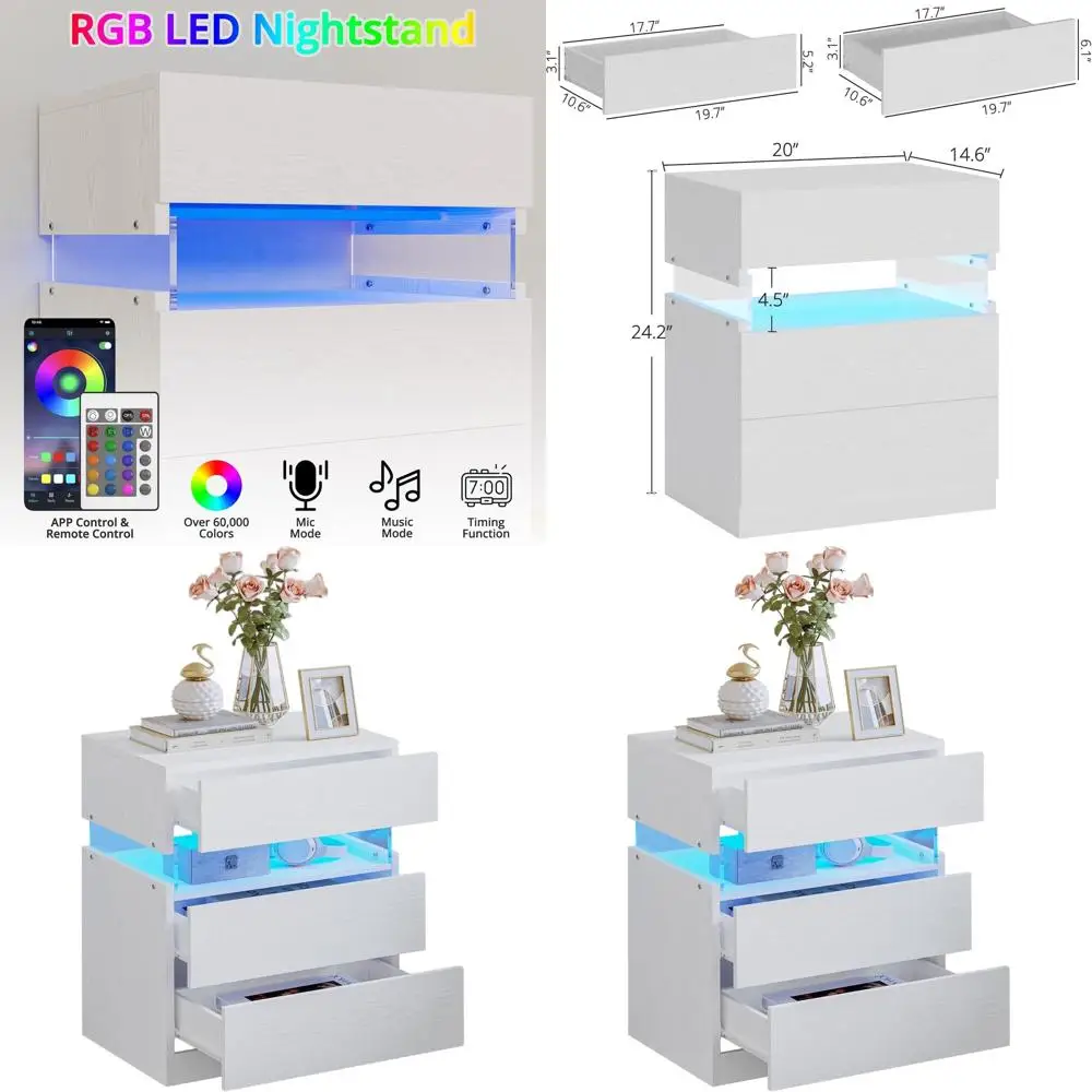 

Тумбочка, прикроватная тумбочка со светодиодной подсветкой и ящиками, современная прикроватная тумбочка с местом для хранения вещей, торцевой столик для спальни, белый