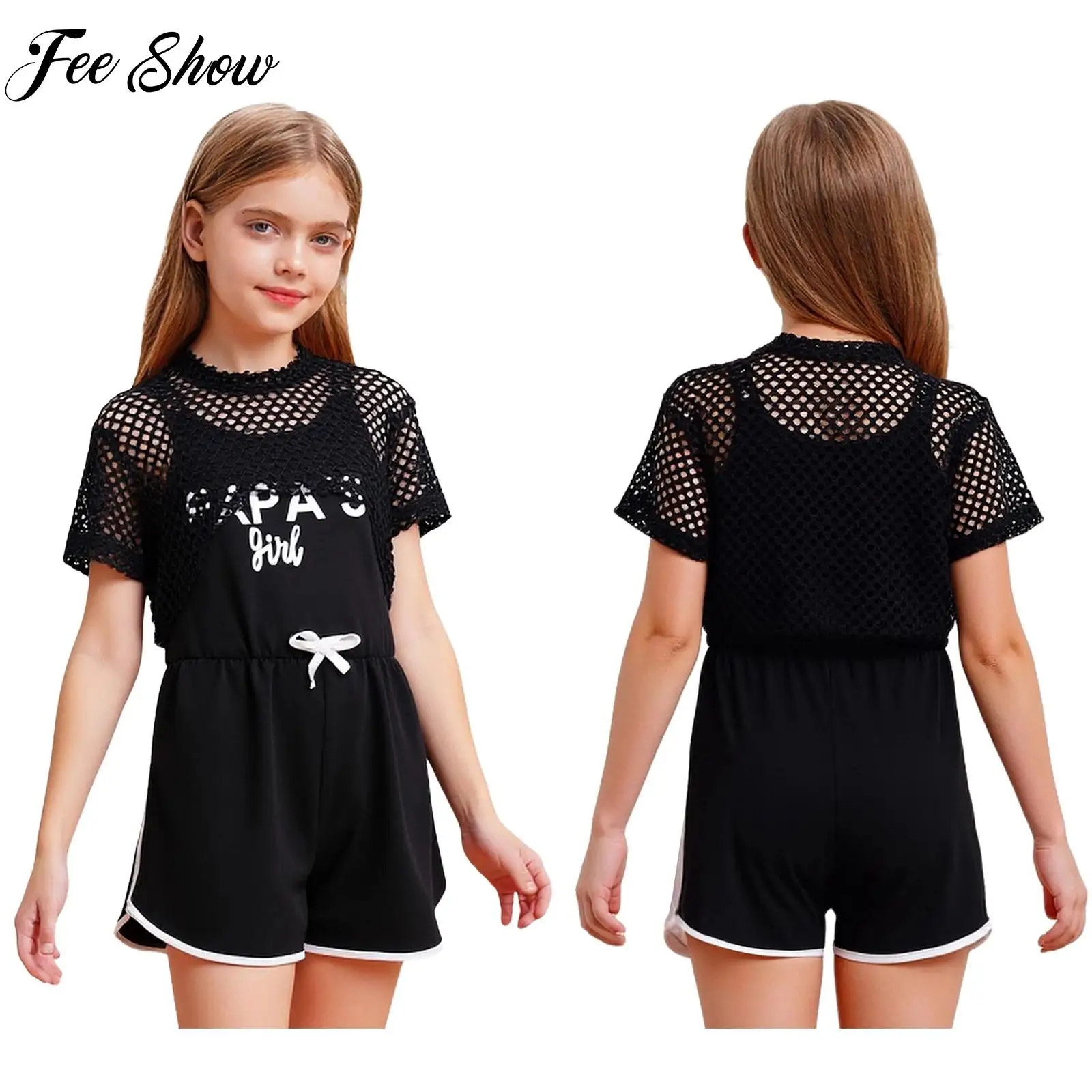 

Kids Girl 2-piece Sports Outfit Short Sleeve Hollow Out Mesh Crop Top with Wide Shoulder Straps Jumpsuit for Gym Workout Outdoor