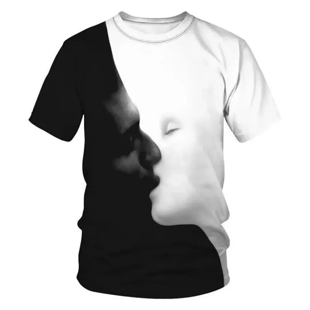 

Short sleeved children's trendy brand new summer T-shirt 3D cross-border new men's women's black and white splicing top 3D trend