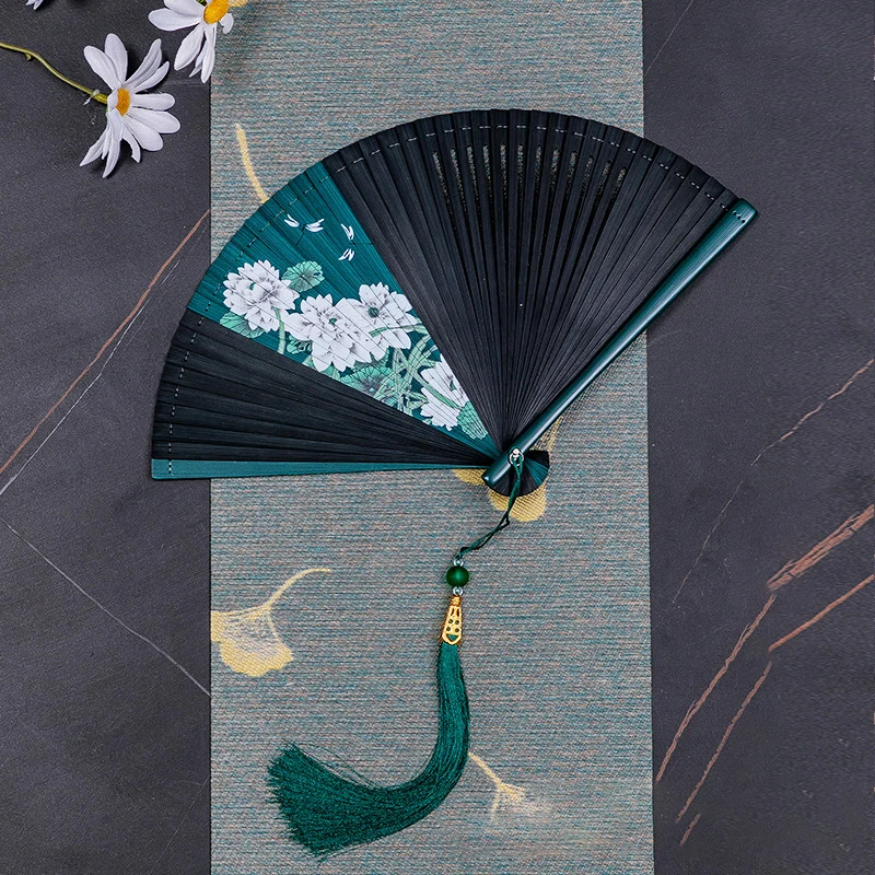 All Bamboo Classical Fan Women Japanese Ancient Classical Black Folding Fan Hanfu Dance Fan Portable Bamboo Fan