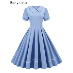 Light Blue 50s 60s Hepburn Style Retro Vintage Dress Peter Pan Collar Short Sleeve Swing Robe Femme Women A Line Party Dresses