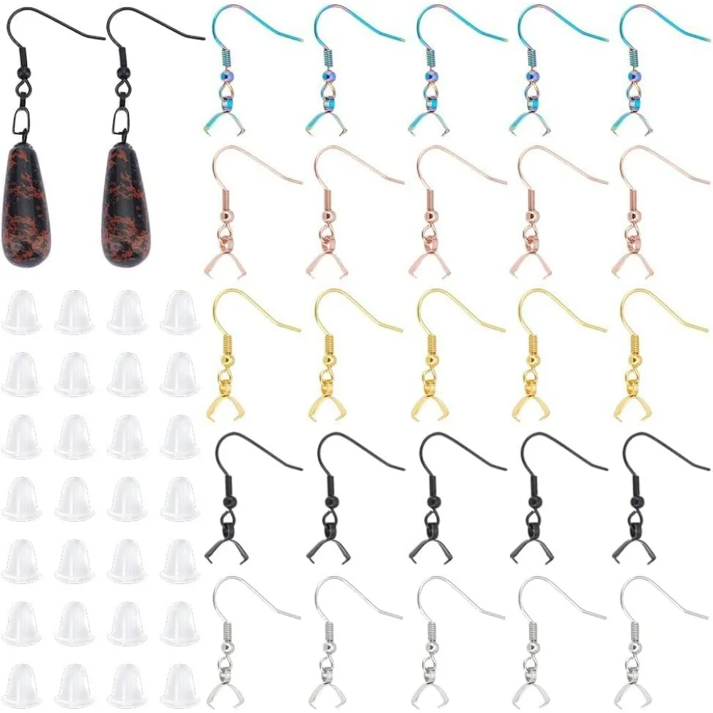 About 50Pcs 5 Colors 304 Stainless Steel Earring Hooks with Pendant Pinch Bails Ear Wire Fish Hooks with 50Pcs Plastic Ear Nuts