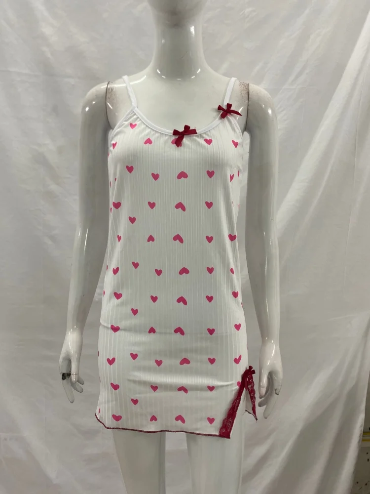 فستان بفتحة كتلة ألوان مطبوعة على شكل قلب مع زخرفة من الدانتيل وتفاصيل فيونكة بدون أكمام فستان سهل الارتداء للنساء وصل حديثًا #2